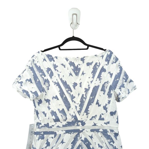 Kay Unger Women 12 Dress Gray White Mitered Stripes Floral Portrait Neckline NEW - Picture 10 of 11